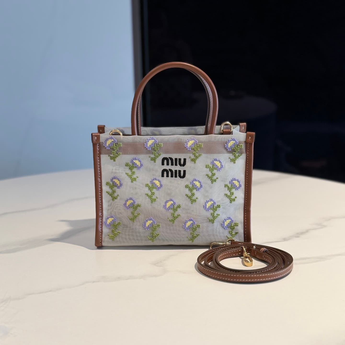 Embroidered mesh top-handle bag