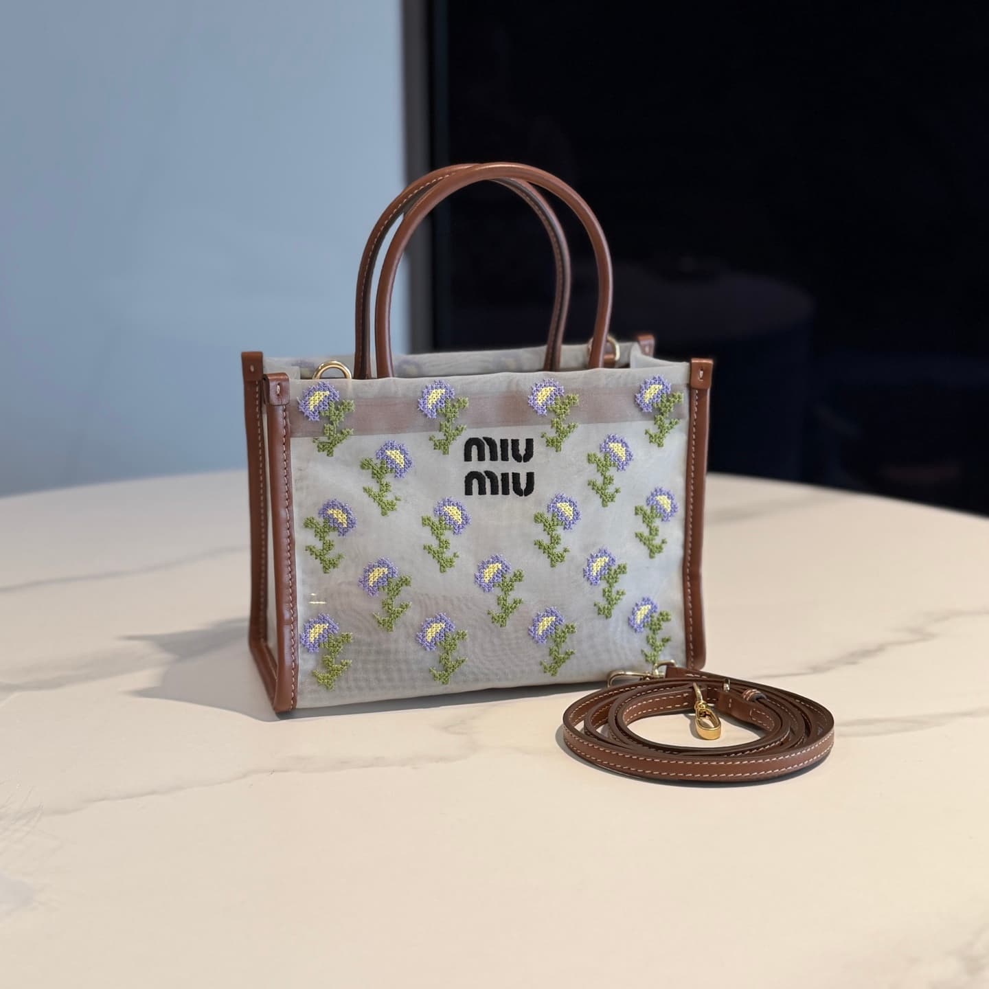 Embroidered mesh top-handle bag alternate view