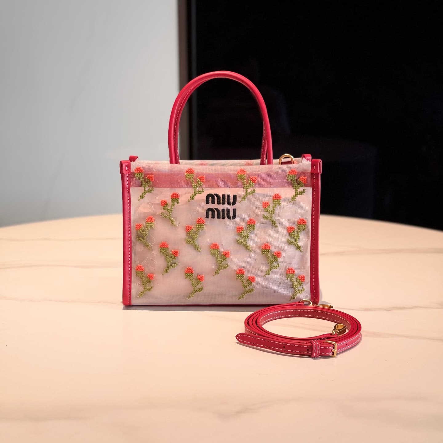 Embroidered mesh top-handle bag