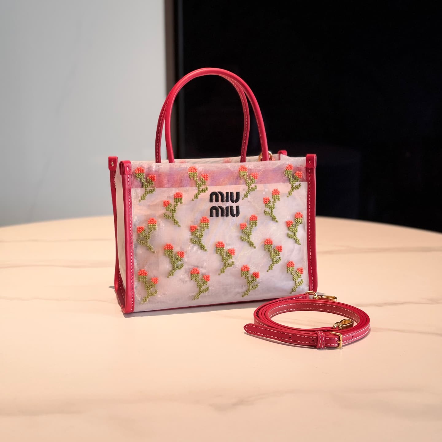 Embroidered mesh top-handle bag alternate view