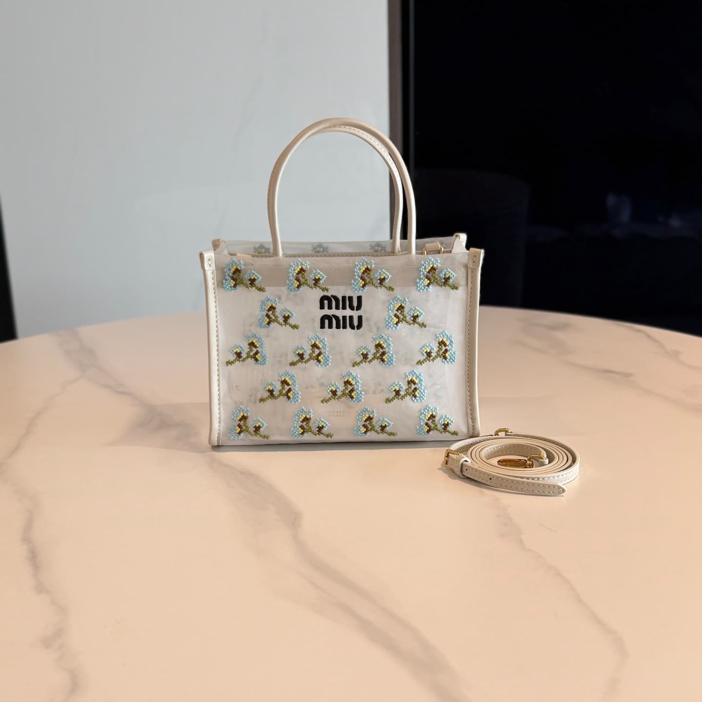 Embroidered mesh top-handle bag
