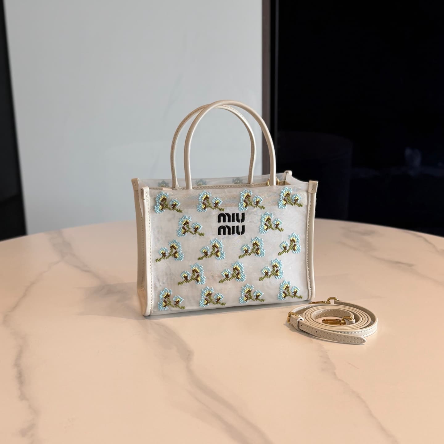 Embroidered mesh top-handle bag alternate view